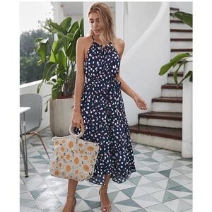 Summer Polka-Dot Long Dress Beach Strapless Casual White Midi Vacation blue
